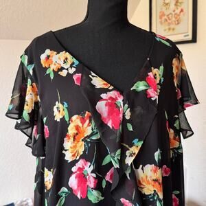 y2k black floral flounce shift dress sheer sz XXL flowy fairy romantic resort